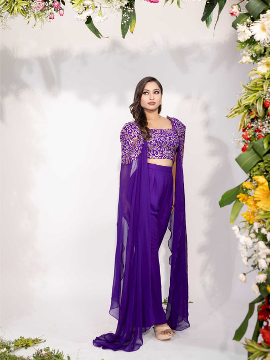 Dark Purple Cape Sleeves Pant Set