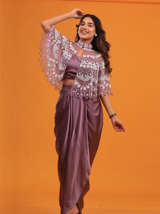 Lavender Dhoti Set With Embellished Cape