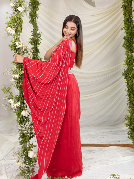 Red Skirt with Drape Blouse
