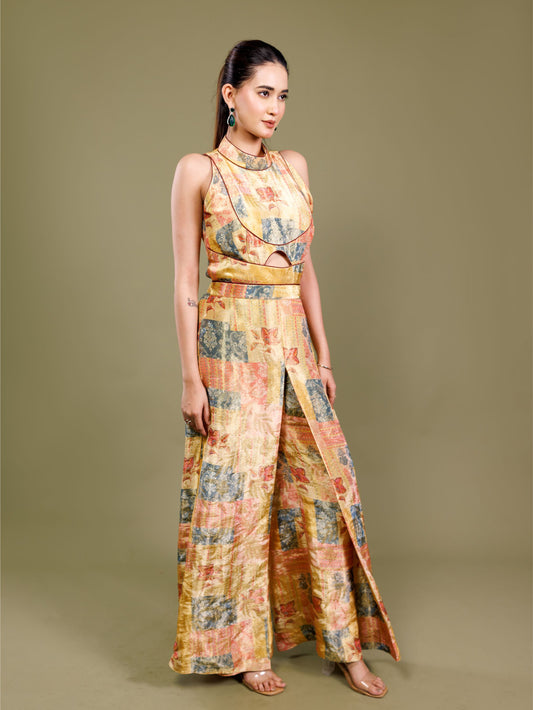 Golden Patchwork Halter Neck Jumpsuit