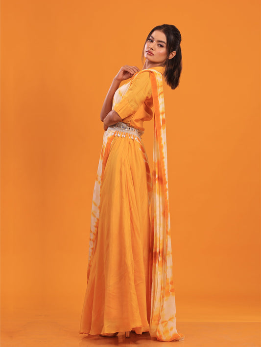 Yellow Tie-Dye Drape Gown With Belt