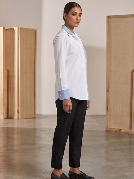 Denim Collar Pearl Work Cotton Shirt
