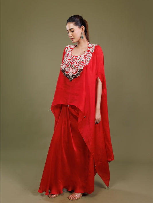 Red Organza Embroidered Cape Skirt Set
