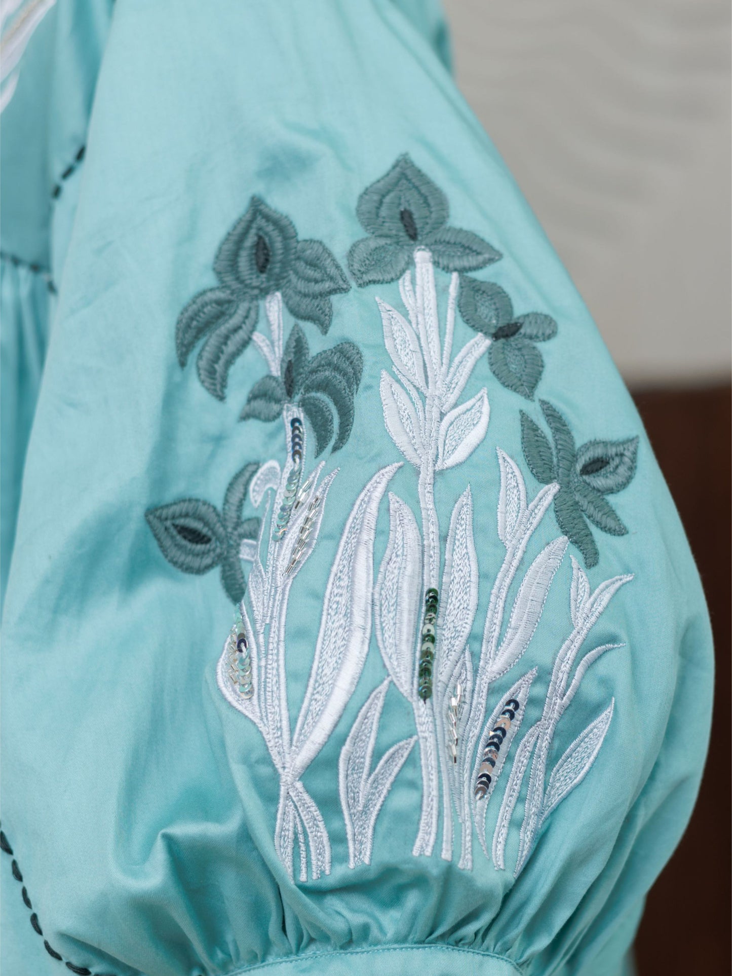 Sea Green Cotton Embroidered Short Dress