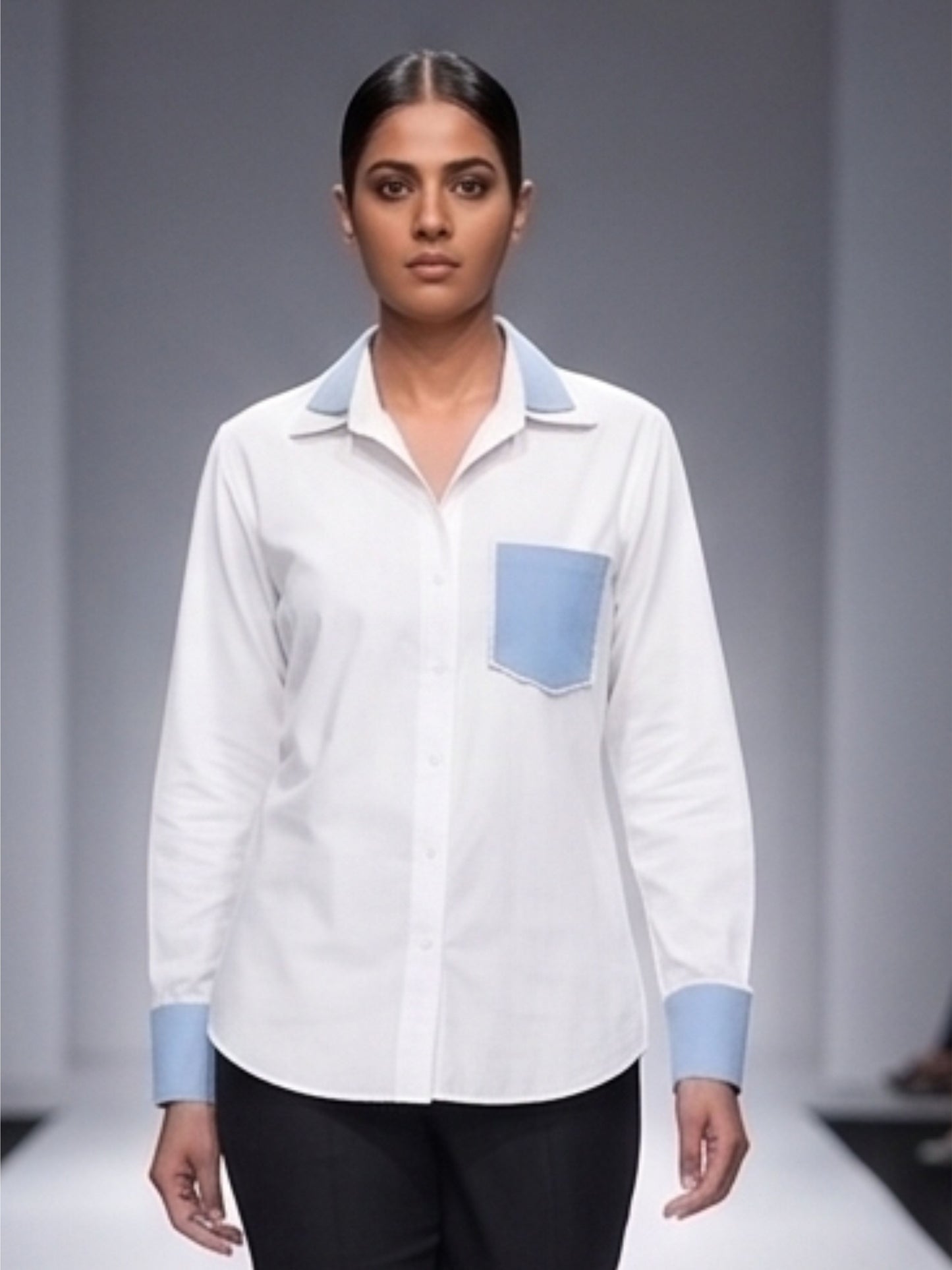 Denim Collar Pearl Work Cotton Shirt