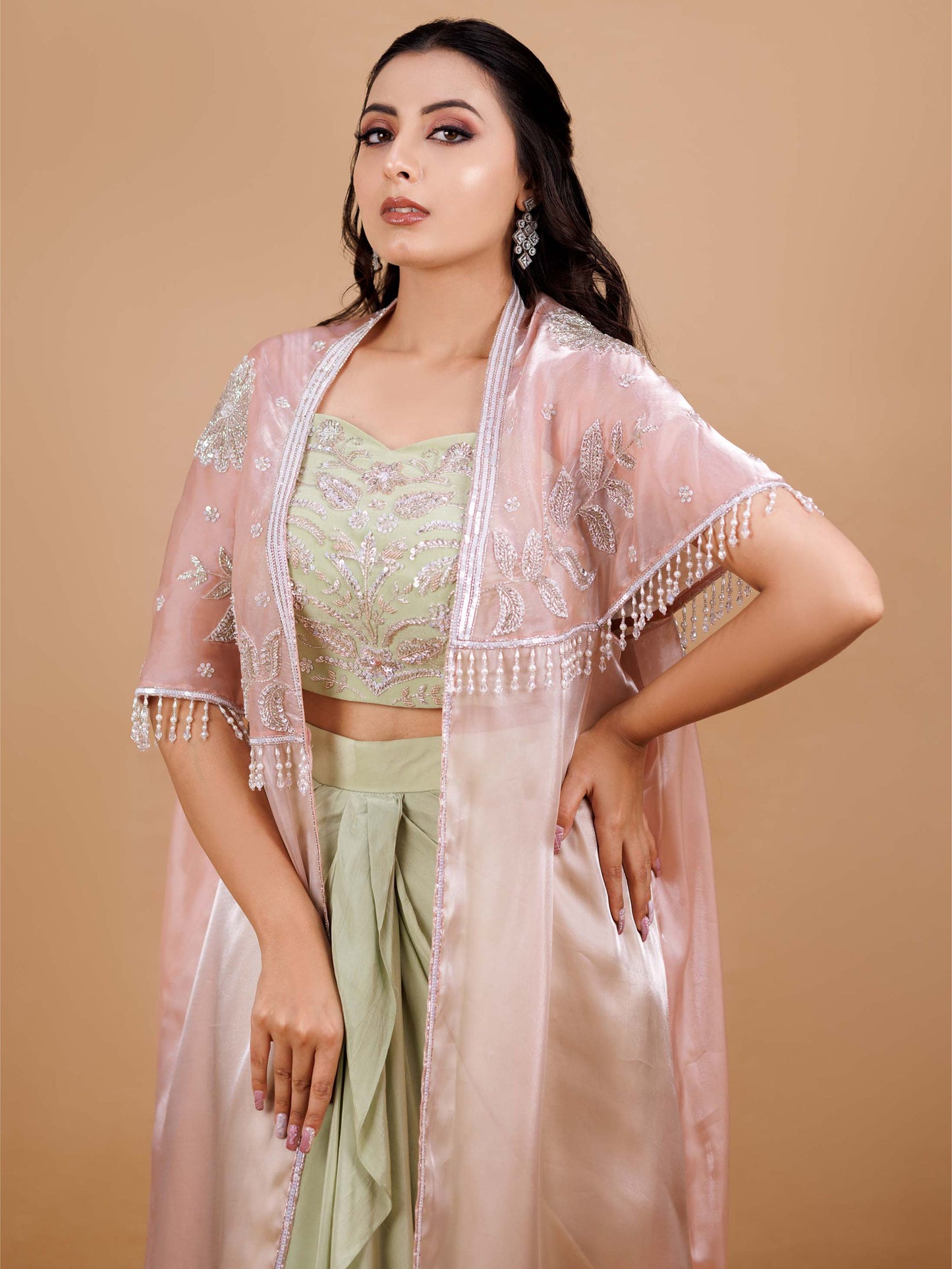 Peach Cape Dhoti Set