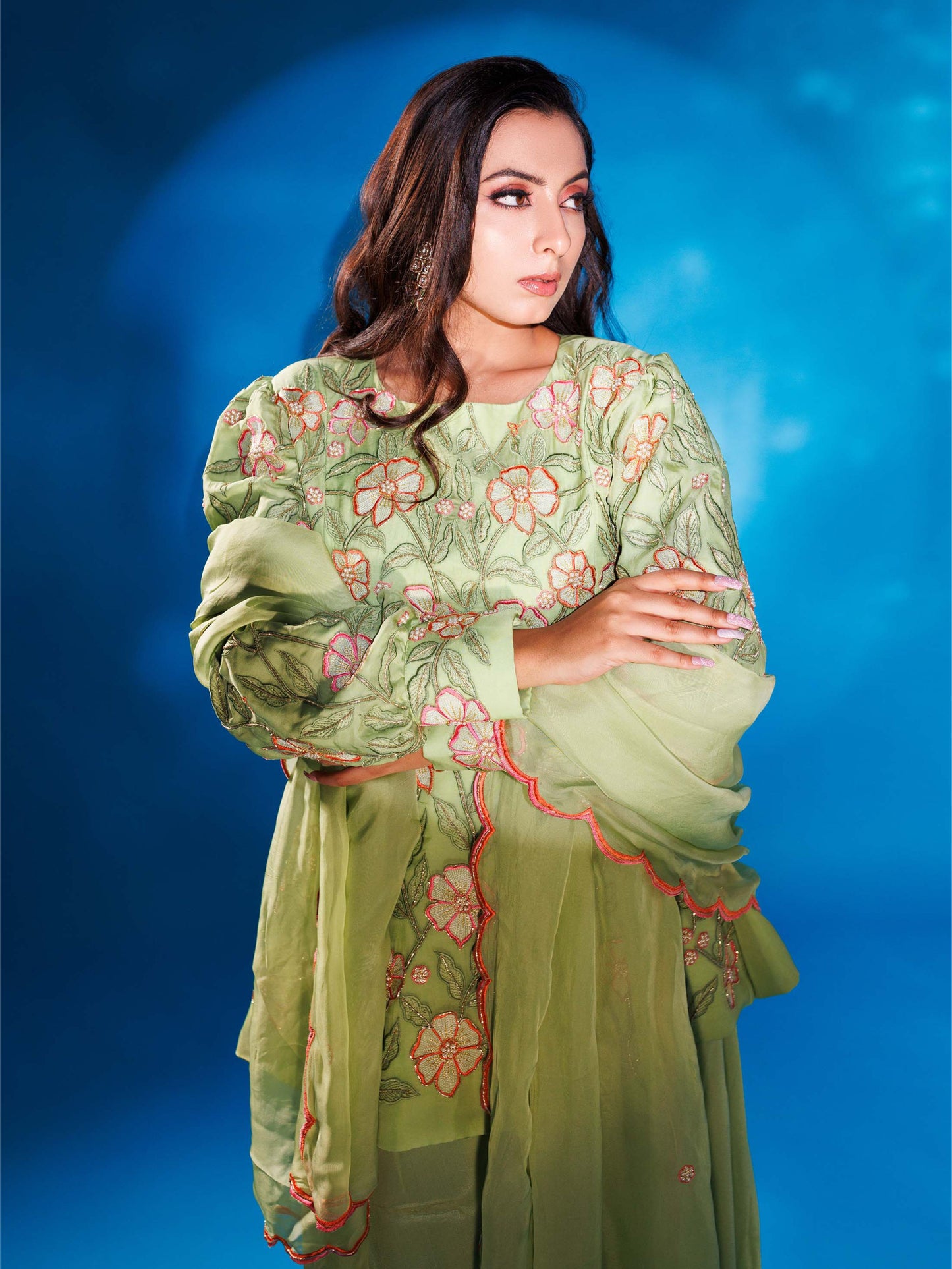 Green Embroidery Palazzo Set