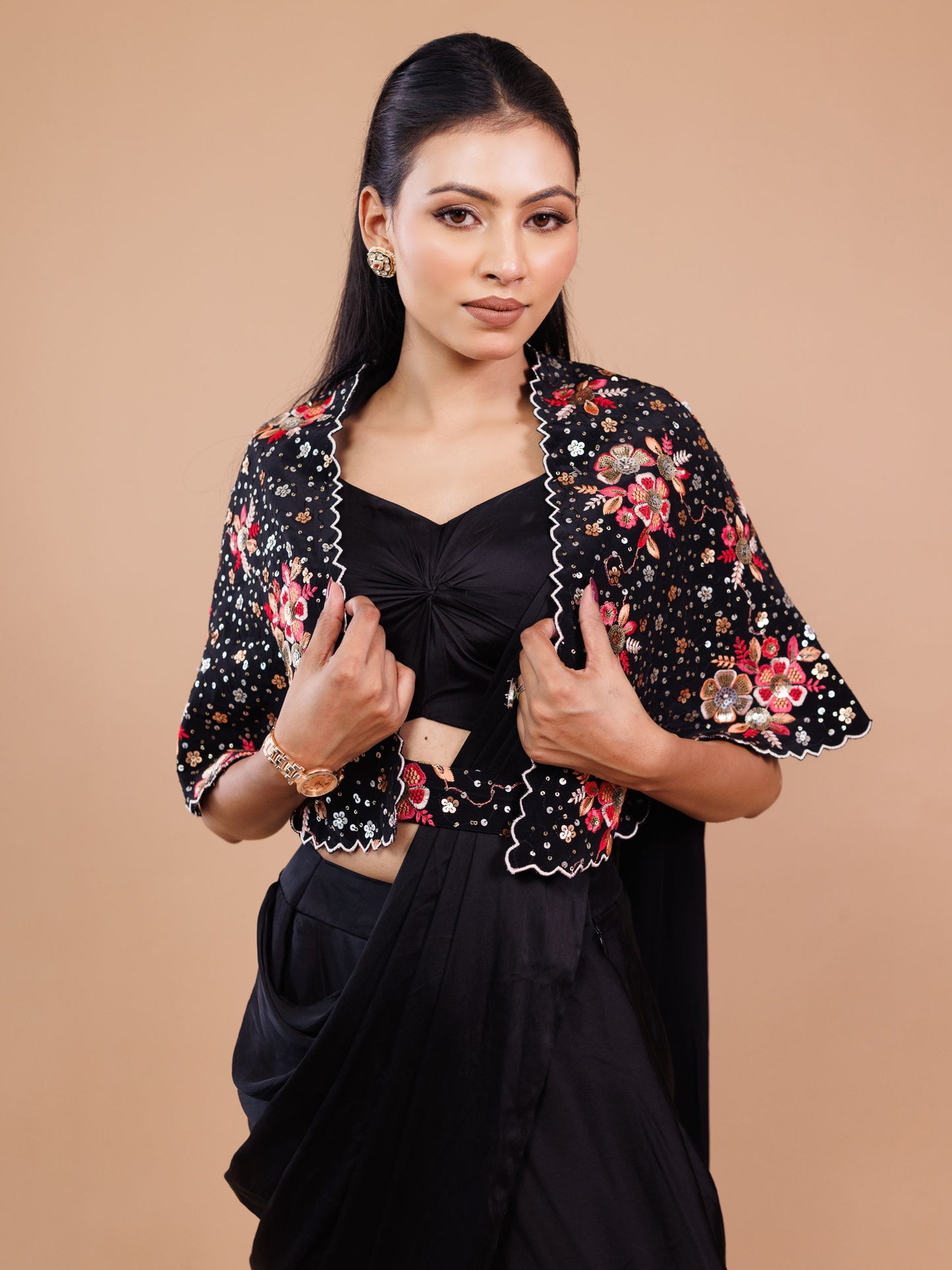 Black Embroidered Jacket With Drape Saree