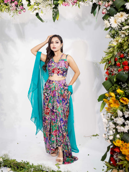 Printed Cape Dhoti Set