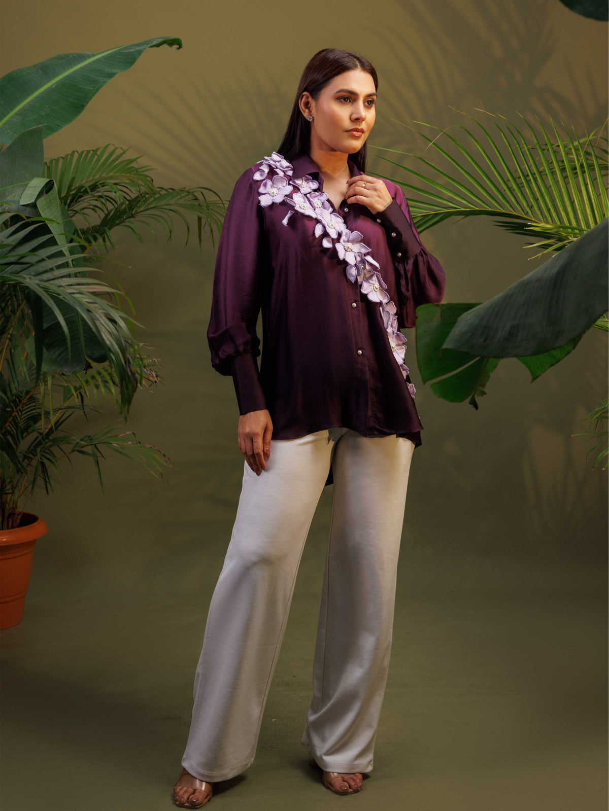 Wine Floral Embellished Shirt