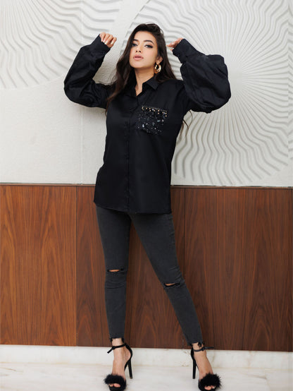 Black Embellished Pocket Shirt