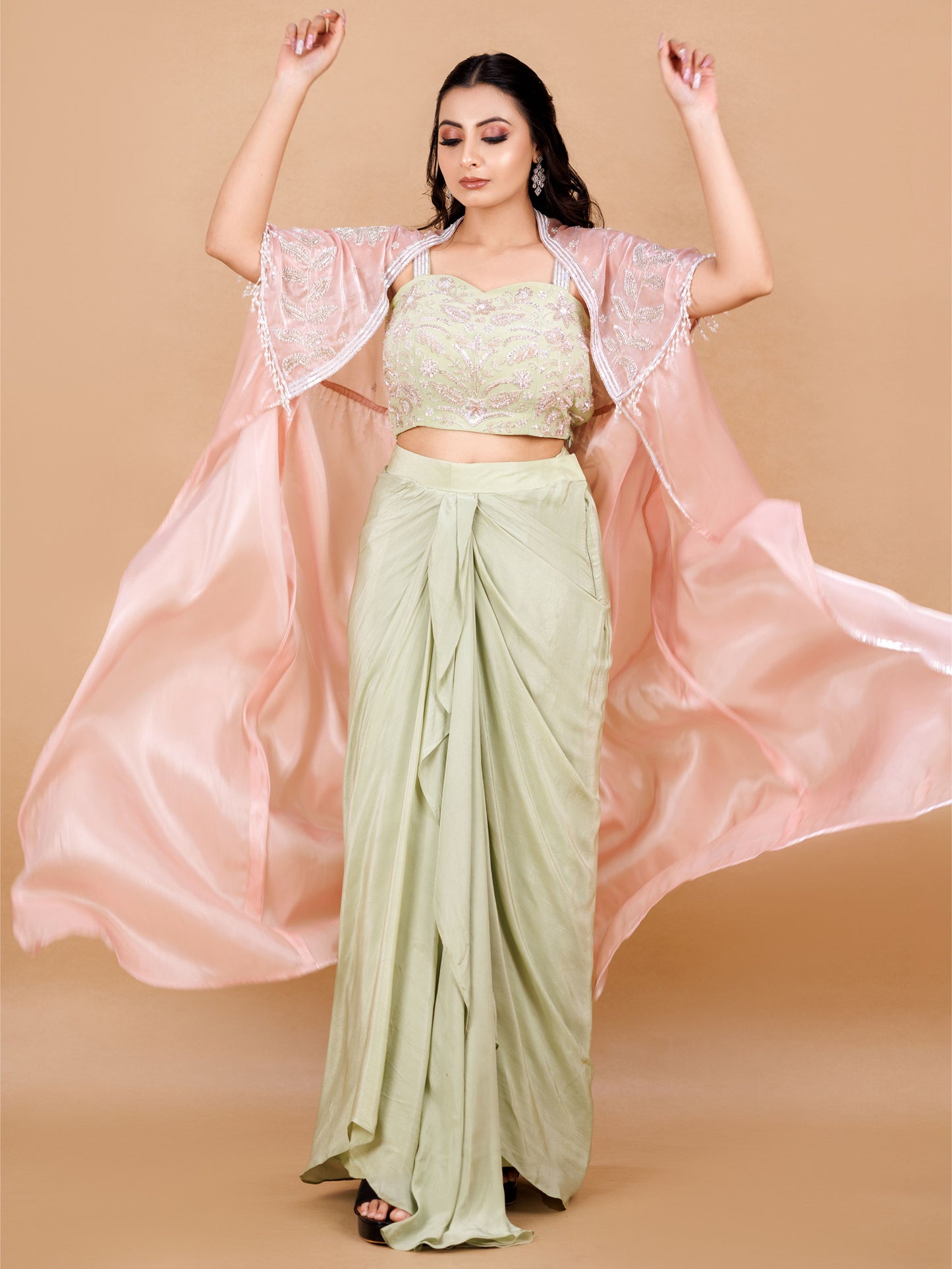 Peach Cape Dhoti Set