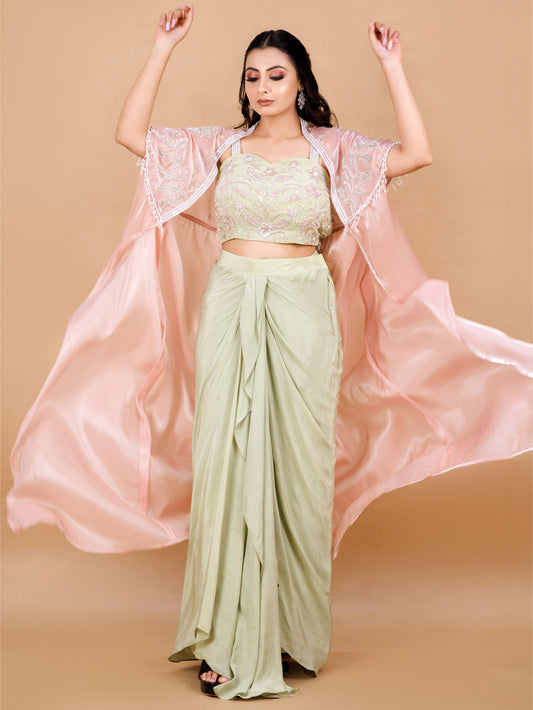 Peach Cape Dhoti Set