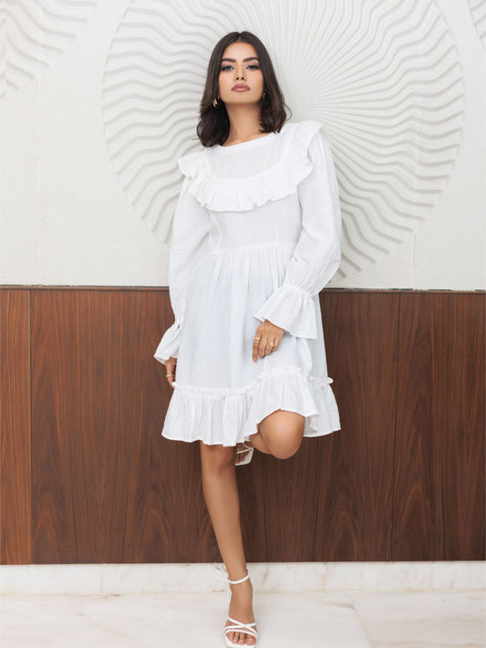 White Short Dress With Frilled Yoke