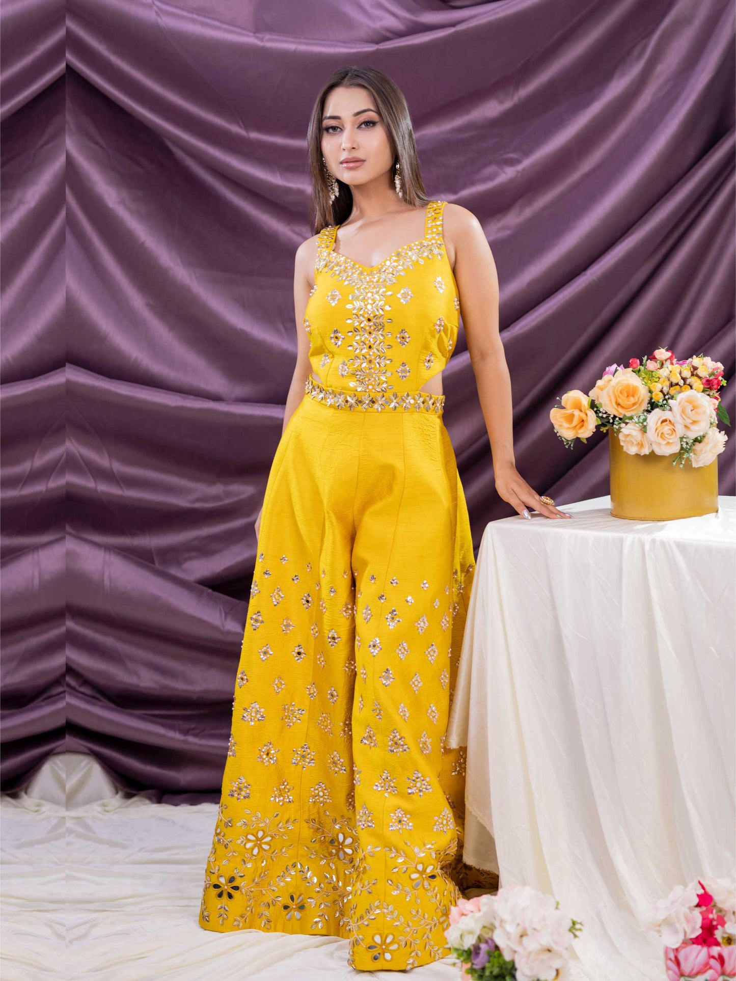 Mustard Yellow Mirror Work Jumpsuit