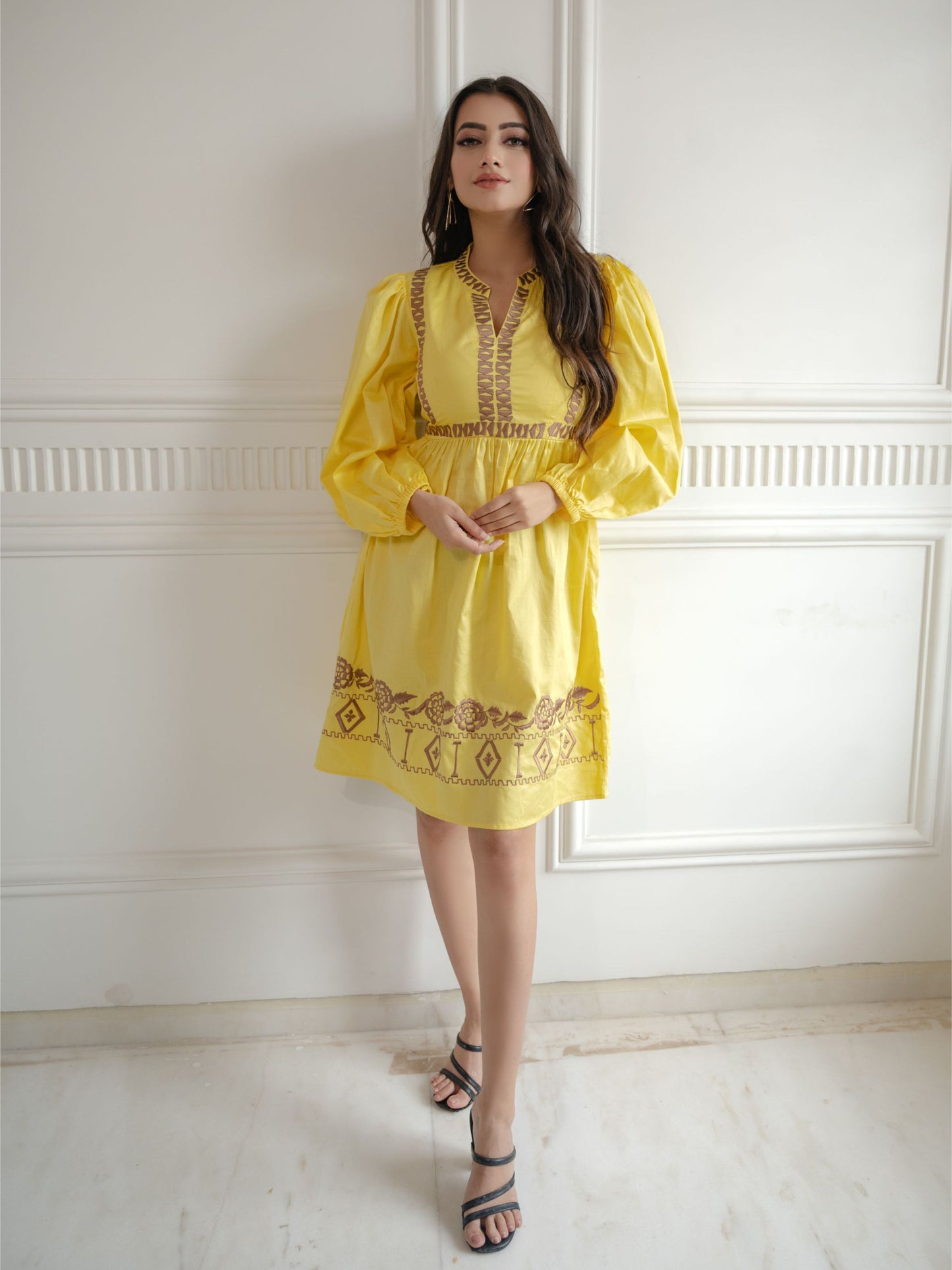 Yellow Embroidered Short Dress