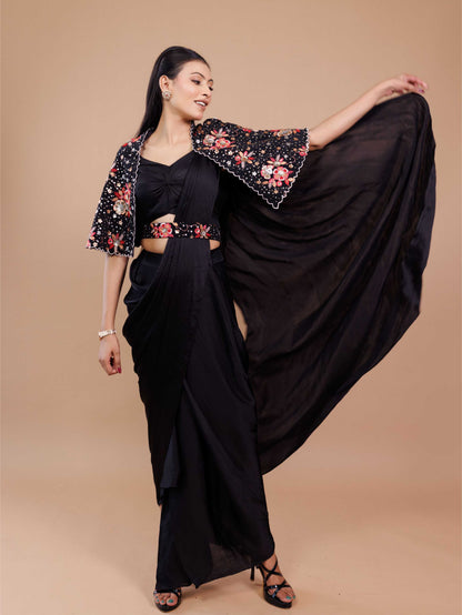 Black Embroidered Jacket With Drape Saree