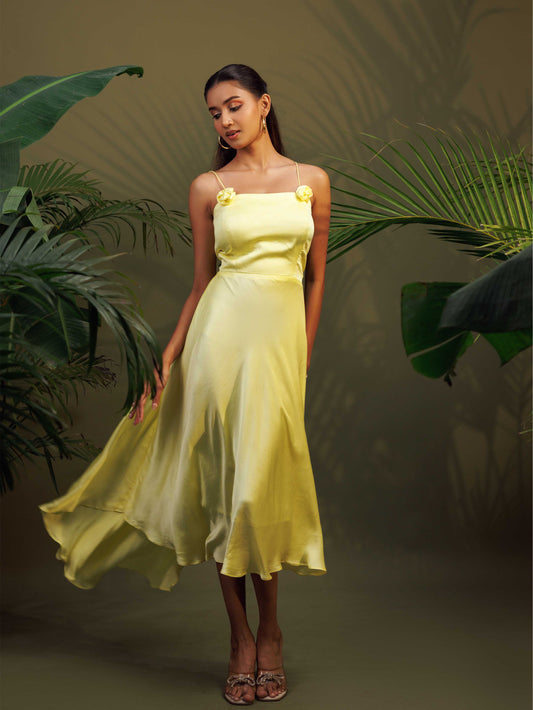 Pastel Yellow Satin Midi Dress