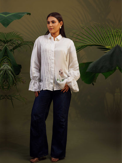 White Embroidered Ruffle Sleeve Shirt
