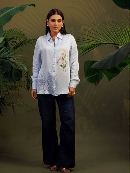 Light Blue Floral Embroidered Shirt