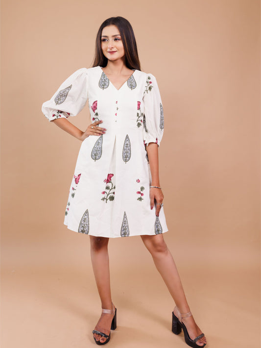 White Printed Princesscut Dress