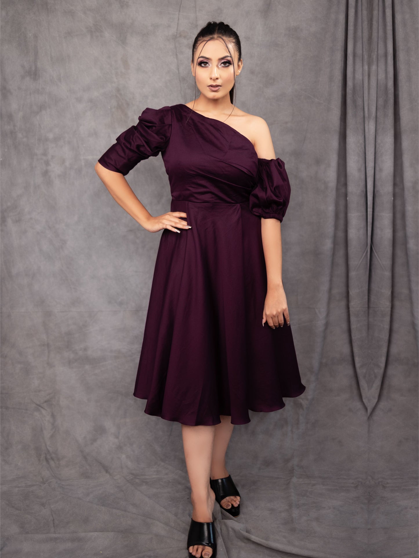 Wine One Off Shoulder Dress