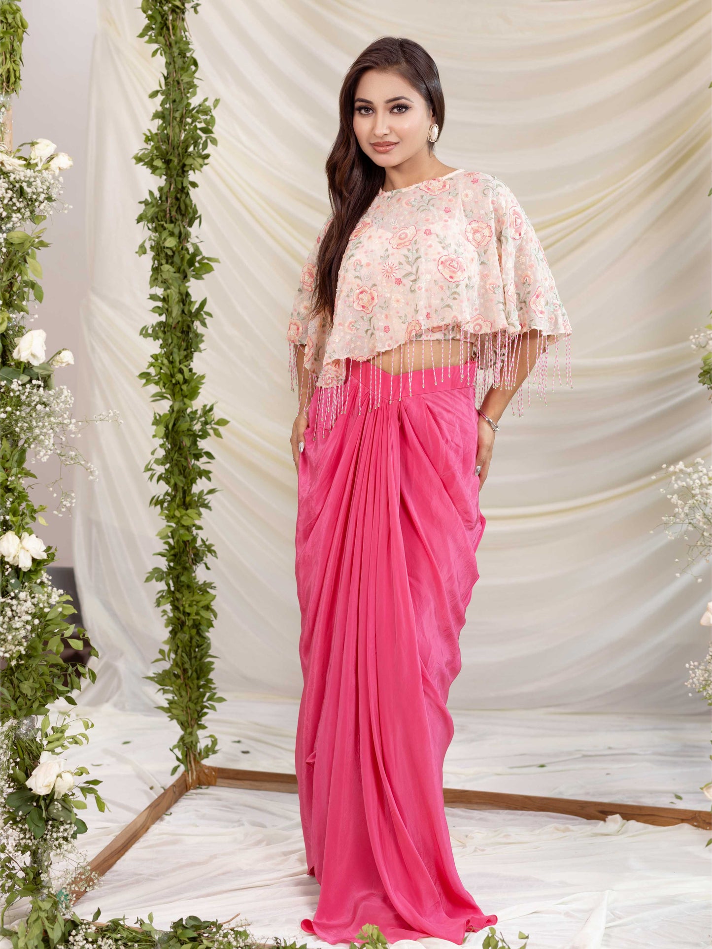 Pink Multi Embroidered Drape Skirt Set