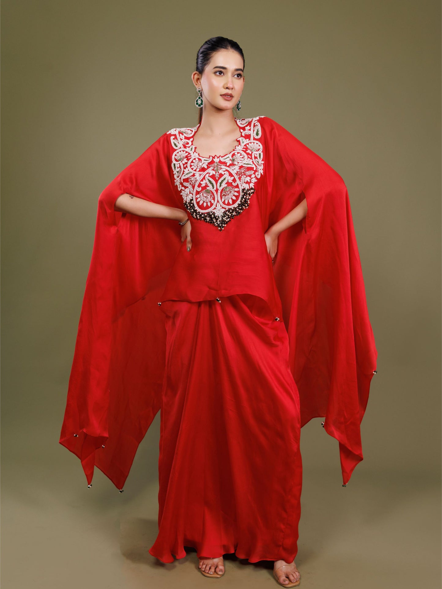 Red Organza Embroidered Cape Skirt Set
