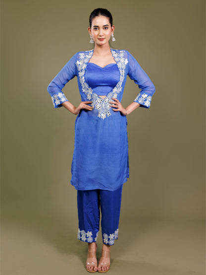Floral Embroidery Royal Blue Kurta Set