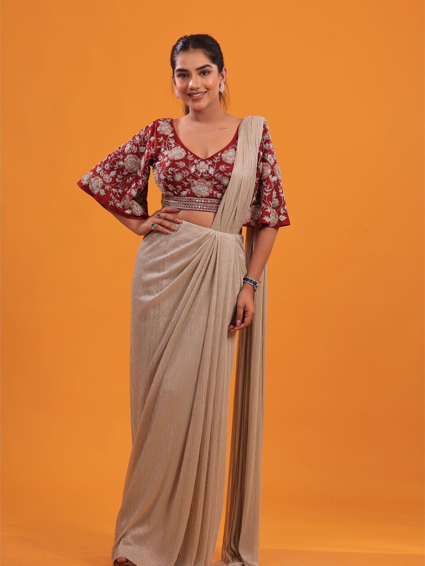 Maroon Golden Drape Saree