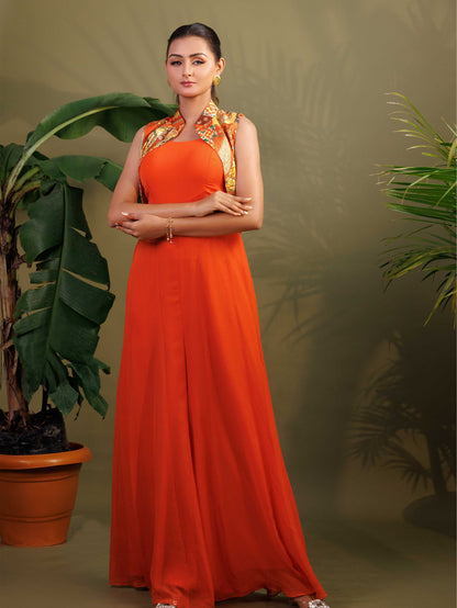 Orange Printed  Cape Dress