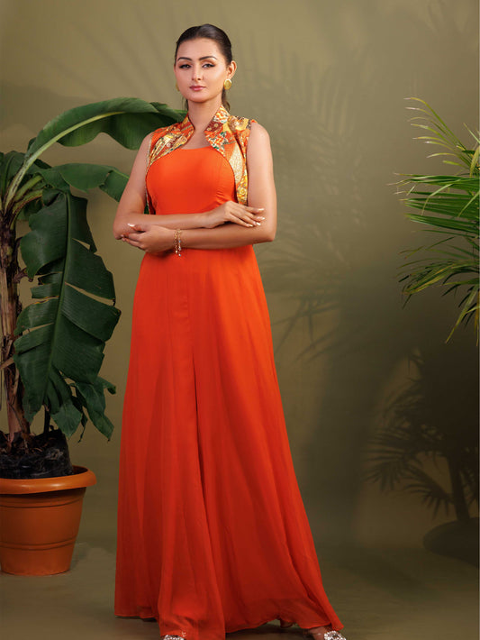 Orange Printed  Cape Dress