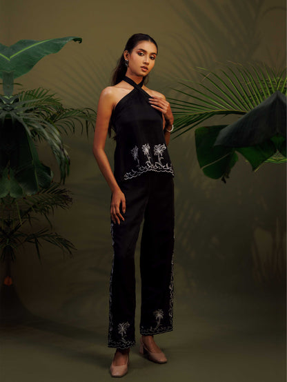 Black Embroidered Halter Co-ord Set