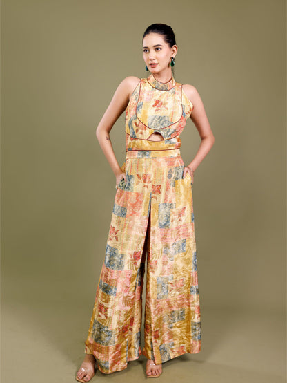 Golden Patchwork Halter Neck Jumpsuit