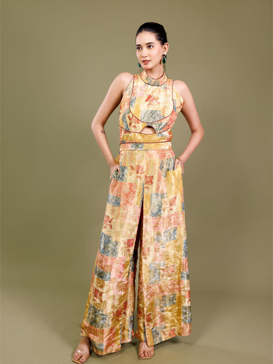 Golden Patchwork Halter Neck Jumpsuit