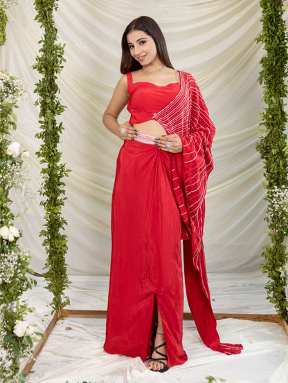 Red Skirt with Drape Blouse