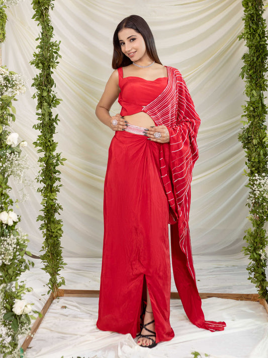 Red Skirt with Drape Blouse