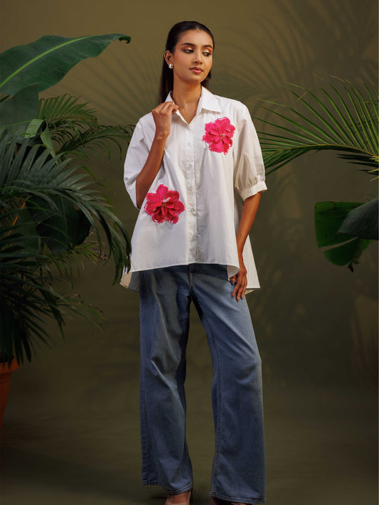 White Floral Embroidered Shirt