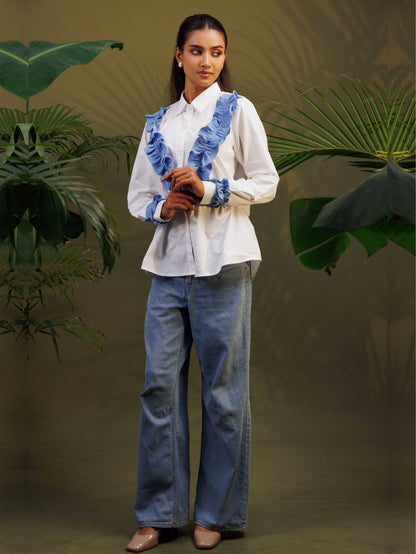 White Shirt with Blue Ruffle Detail