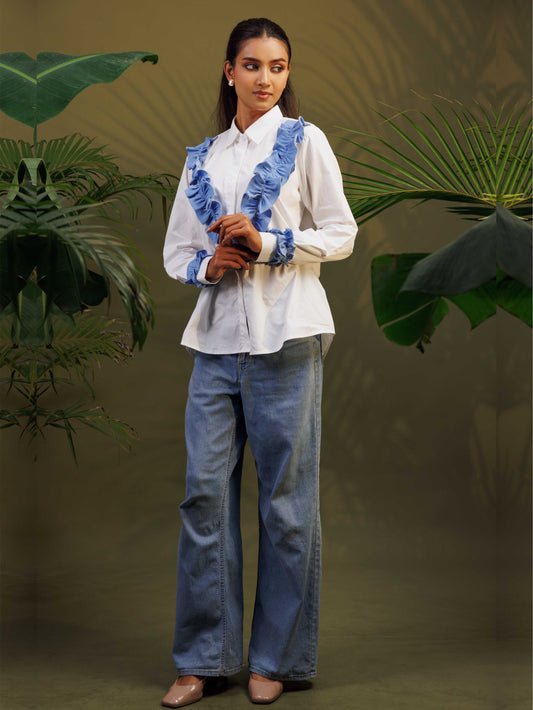 White Shirt with Blue Ruffle Detail