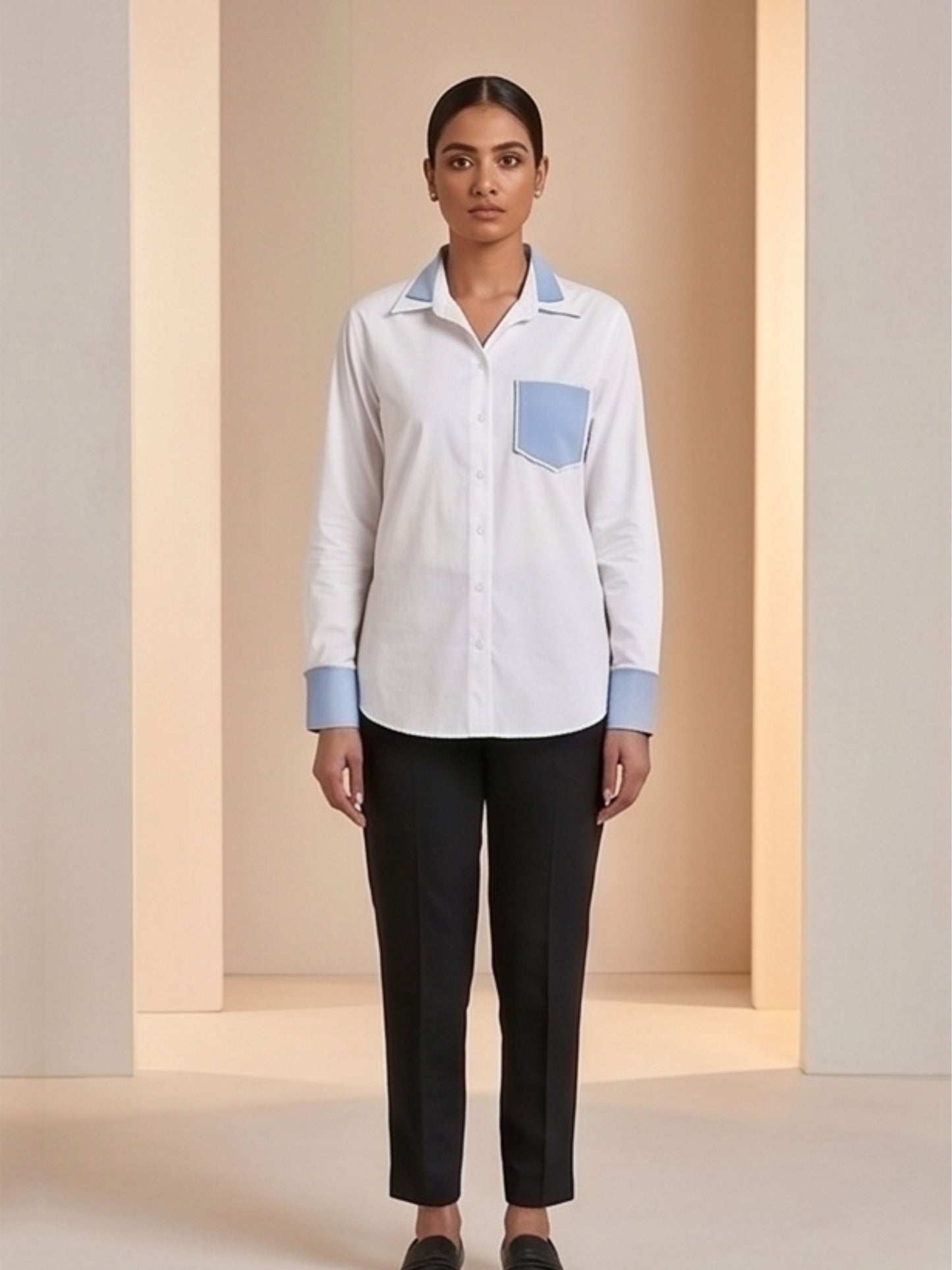 Denim Collar Pearl Work Cotton Shirt