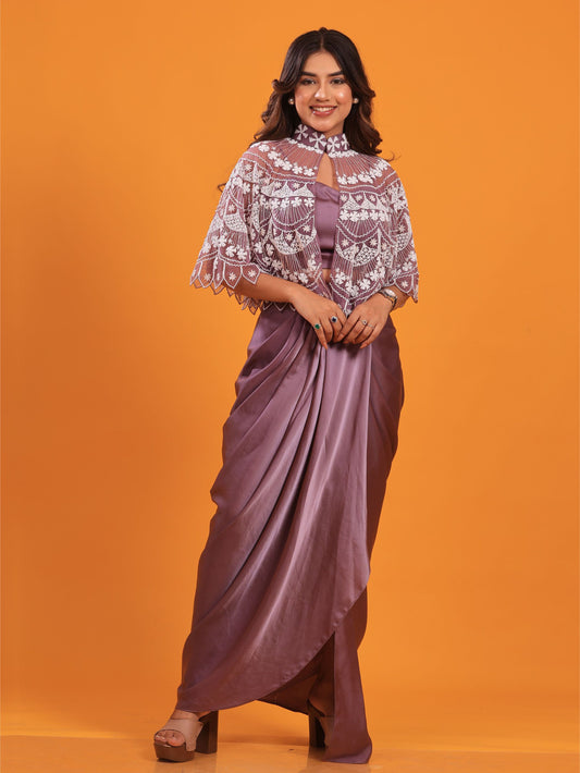Lavender Dhoti  Set With Embellished Cape