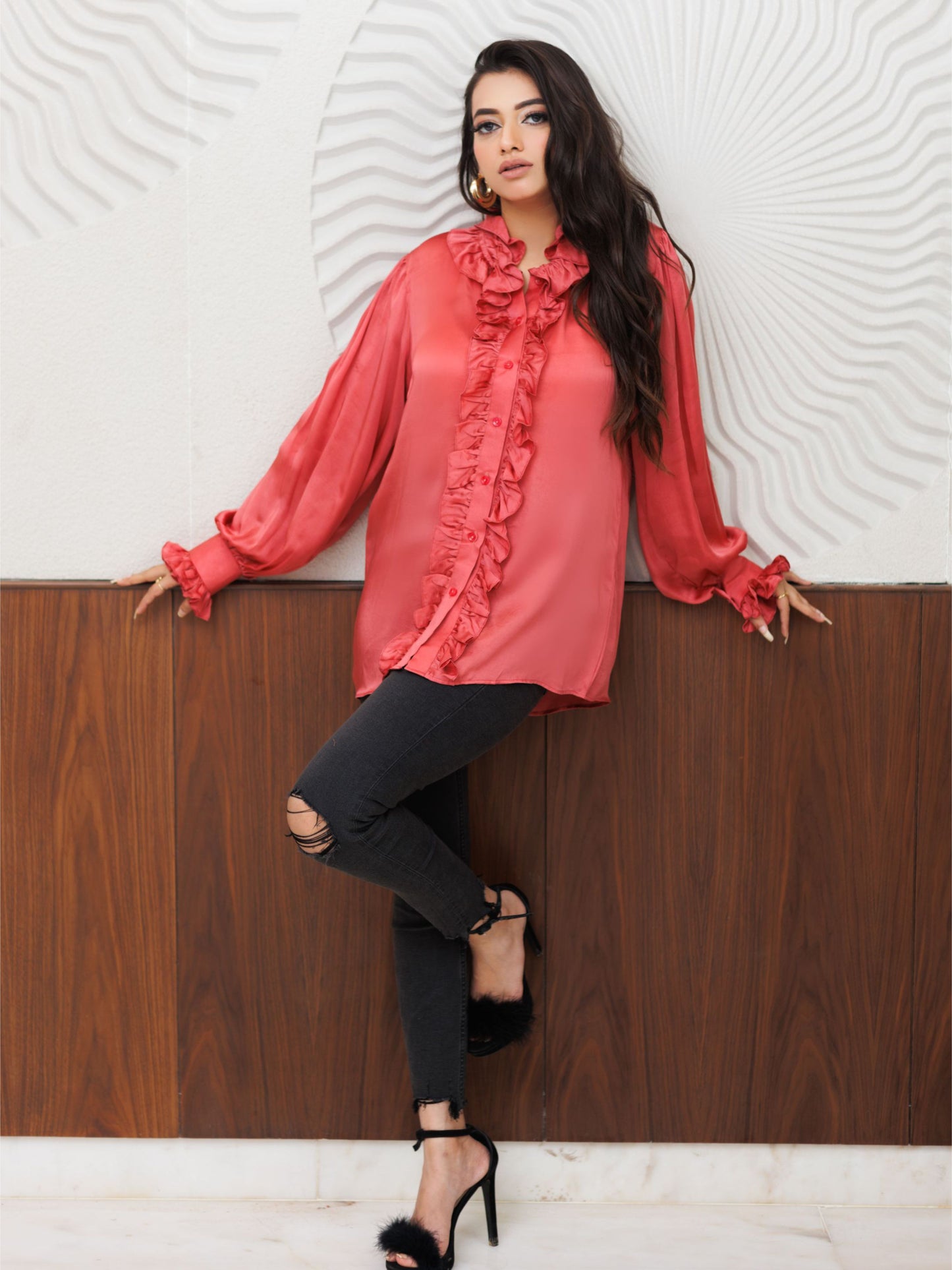Carrot Red Satin Ruffled Shirt