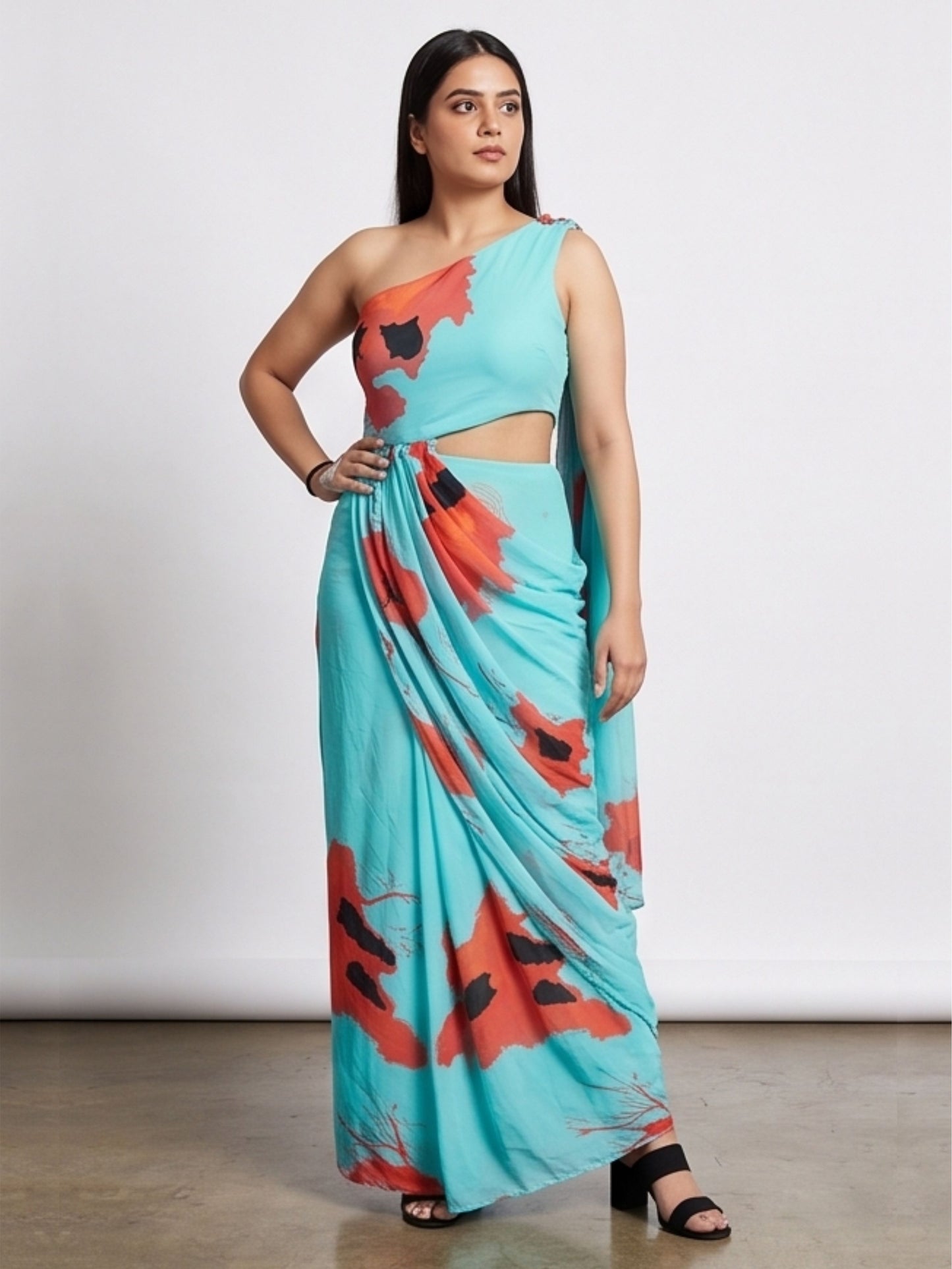 Blue Printed One shoulder Dress