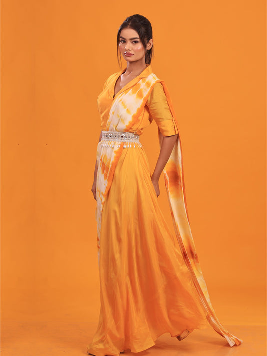 Yellow Tie-Dye Drape Gown With Belt