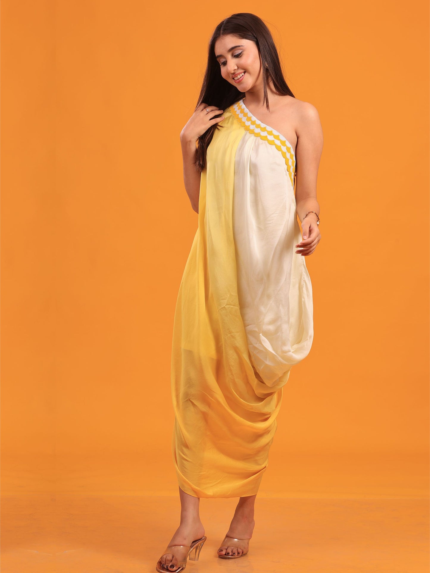 One Shoulder Ombre Drape Dress