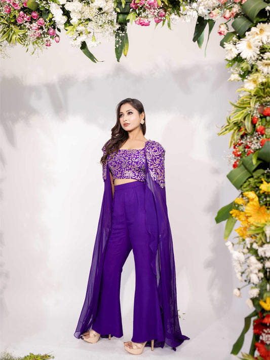 Dark Purple Cape Sleeves Pant Set