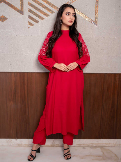 Pink Cotton Embellished Sleeves Kurta Set