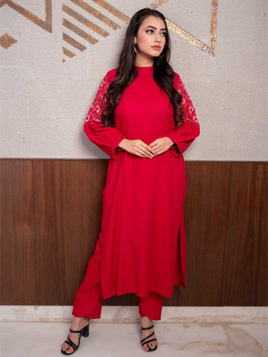 Pink Cotton Embellished Sleeves Kurta Set