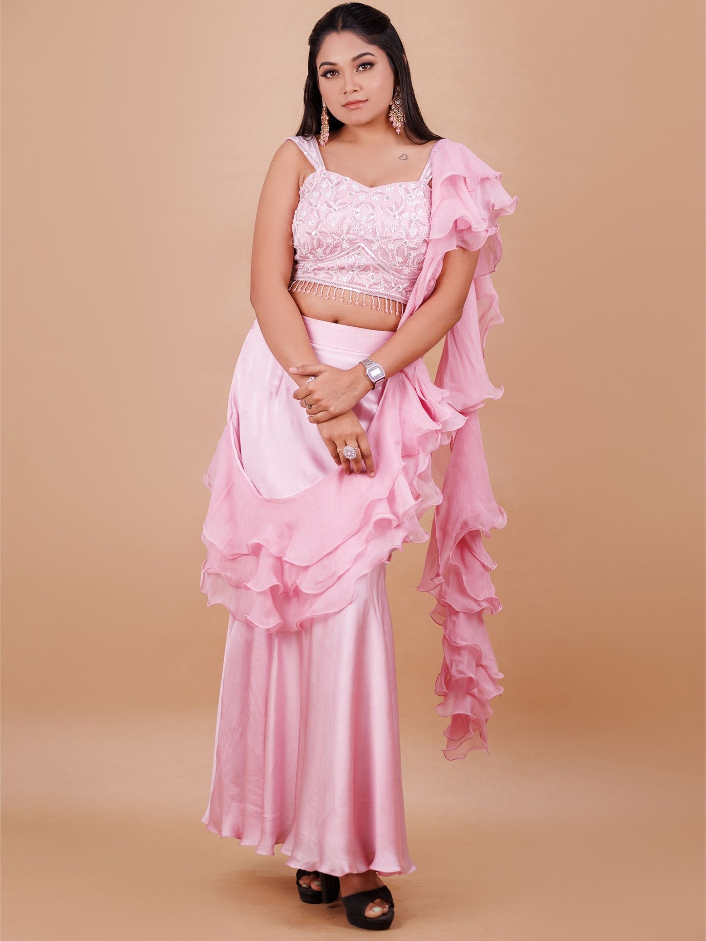 Pink Pre Draped Fish Cut Indo Western